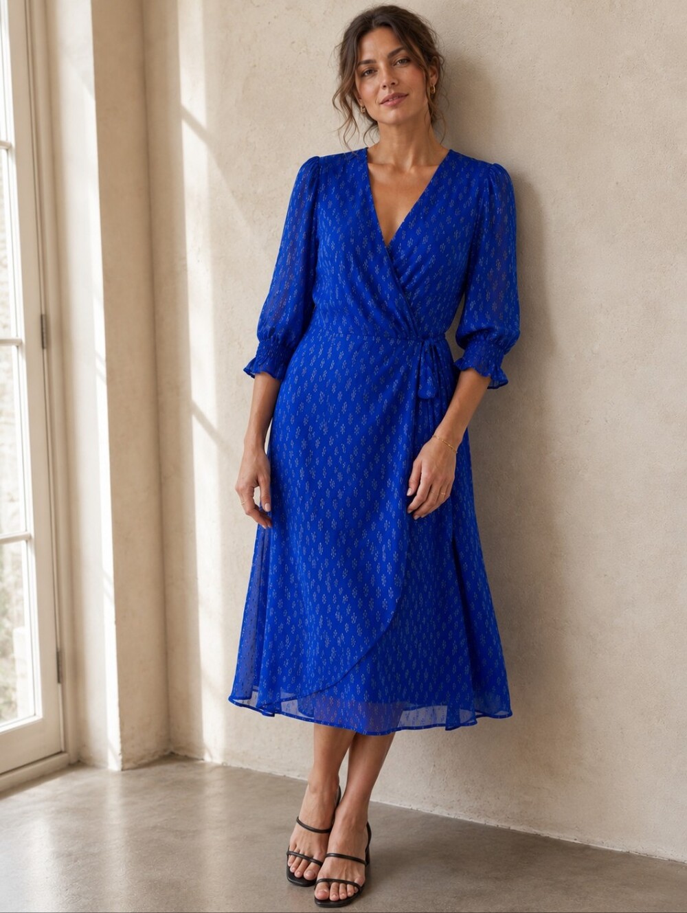 NSR Blue‎ Metallic 3/4 Sleeve Midi Length Sheer Bottom Faux Wrap Dress Medium